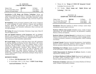 21
III – SEMESTER
CMOS RF CIRCUIT DESIGN
Subject Code : 08EC020 IA Marks : 50
No. of Lecture Hours /week : 04 Exam Hours : 03
Total no. of Lecture Hours : 52 Exam Marks : 100
Introduction to RF Design and Wireless Technology: Design and
Applications, Complexity and Choice of Technology. Basic concepts in RF
design: Nonlinearly and Time Variance, Intersymbol interference, random
processes and noise. Sensitivity and dynamic range, conversion of gains and
distortion
RF Modulation: Analog and digital modulation of RF circuits, Comparison
of various techniques for power efficiency, Coherent and non-coherent
detection, Mobile RF communication and basics of Multiple Access
techniques. Receiver and Transmitter architectures, Direct conversion and
two-step transmitters
RF Testing: RF testing for heterodyne, Homodyne, Image reject, Direct IF
and sub sampled receivers.
BJT and MOSFET Behavior at RF Frequencies: BJT and MOSFET
behavior at RF frequencies, modeling of the transistors and SPICE model,
Noise performance and limitations of devices, integrated parasitic elements at
high frequencies and their monolithic implementation
RF Circuits Design: Overview of RF Filter design, Active RF components
& modeling, Matching and Biasing Networks. Basic blocks in RF systems
and their VLSI implementation, Low noise Amplifier design in various
technologies, Design of Mixers at GHz frequency range, Various mixers-
working and implementation. Oscillators- Basic topologies VCO and
definition of phase noise, Noise power and trade off. Resonator VCO
designs, Quadrature and single sideband generators. Radio frequency
Synthesizers- PLLS, Various RF synthesizer architectures and frequency
dividers, Power Amplifier design, Liberalization techniques, Design issues in
integrated RF filters.
REFERENCE BOOKS:
1. B. Razavi, “RF Microelectronics” PHI 1998
2. R. Jacob Baker, H.W. Li, D.E. Boyce “CMOS Circuit Design,
layout and Simulation”, PHI 1998.
22
3. Thomas H. Lee “Design of CMOS RF Integrated Circuits”
Cambridge University press 1998.
4. Y.P. Tsividis, “Mixed Analog and Digital Devices and
Technology”, TMH 1996
ELECTIVE - III
HARDWARE - SOFTWARE CO-DESIGN
Subject Code : 08EC041 IA Marks : 50
No. of Lecture Hours /week : 04 Exam Hours : 03
Total no. of Lecture Hours : 52 Exam Marks : 100
Introduction: Motivation hardware & software co-design, system design
consideration, research scope & overviews
Hardware Software back ground: Embedded systems, models of design
representation, the virtual machine hierarchy, the performance3 modeling,
Hardware Software development,
Hardware Software Co-Design Research: An informal view of co-design,
Hardware Software tradeoffs, crosses fertilization, typical co-design process,
co-design environments, limitation of existing approaches, ADEPT modeling
environment.
Co-design Concepts: Functions, functional decomposition, virtual machines,
Hardware Software partitioning, Hardware Software partitions, Hardware
Software alterations, Hardware Software trade offs, co-design.
Methodology for Co-Design: Amount of unification, general consideration
& basic philosophies, a framework for co-design
Unified Representation for Hardware & Software: Benefits of unified
representation, modeling concepts
An Abstract Hardware & Software Model: Requirement & applications of
the models, models of Hardware Software system, an abstract Hardware
Software models, generality of the model
Performance Evaluation: Application of t he abstract Hardware & Software
model, examples of performance evaluation
 