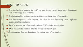 TEST PROCESS
 The standard test process for verifying a device or circuit board using boundary-
scan technology is as follows:
 The tester applies test or diagnostic data on the input pins of the device.
 The boundary-scan cells capture the data in the boundary scan registers
monitoring the input pins.
 Data is scanned out of the device via the TDO pin,for verification.
 Data can then be scanned into the device via theTDI pin.
 The tester can then verify data on the output pins of the device.
 