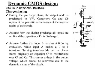 Dynamic CMOS design:
ISSUES IN DYNAMIC DESIGN:
Charge sharing
✔ During the precharge phase, the output node is
precharged to VDD
. Capacitors Ca and Cb
represent the parasitic capacitances of the internal
nodes of the circuit.
✔ Assume now that during precharge all inputs are
set 0 and the capacitance Ca is discharged.
✔ Assume further that input B remains at 0 during
evaluation, while input A makes a 0 to 1
transition. Turning transistor Ma on, the charge
stored originally on capacitor CL
is redistributed
over CL
and Ca. This causes a drop in the output
voltage, which cannot be recovered due to the
dynamic nature of the circuit.
 