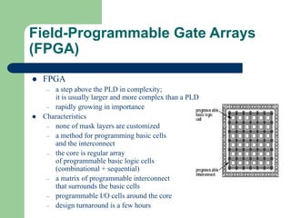 Field-Programmable Gate Arrays
(FPGA)
 FPGA
– a step above the PLD in complexity;
it is usually larger and more complex than a PLD
– rapidly growing in importance
 Characteristics
– none of mask layers are customized
– a method for programming basic cells
and the interconnect
– the core is regular array
of programmable basic logic cells
(combinational + sequential)
– a matrix of programmable interconnect
that surrounds the basic cells
– programmable I/O cells around the core
– design turnaround is a few hours
 
