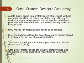 Semi-Custom Design : Gate array
MLMCE -S1 M.Tech 2022-24
22
 A gate array circuit is a prefabricated chip/circuit with no
particular function, in which transistors and other active
devices are placed (unconnected) at regular predefined
positions and manufactured on a wafer, usually called as
master slice.
 Only masks for metallization needs to be created.
 Interconnection pattern for basic logic gates can be stored
in a library for further chip customization.
 This layer is analogous to the copper layer of a printed
circuit board (PCB).
 Gate array master slices are usually prefabricated and
stockpiled in large quantities regardless of customer
orders.
 