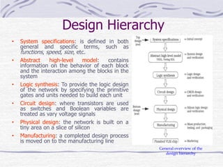 Design Hierarchy
• System specifications: is defined in both
general and specific terms, such as
functions, speed, size, etc.
• Abstract high-level model: contains
information on the behavior of each block
and the interaction among the blocks in the
system
• Logic synthesis: To provide the logic design
of the network by specifying the primitive
gates and units needed to build each unit
• Circuit design: where transistors are used
as switches and Boolean variables are
treated as vary voltage signals
• Physical design: the network is built on a
tiny area on a slice of silicon
• Manufacturing: a completed design process
is moved on to the manufacturing line
General overview of the
design hierarchy
 