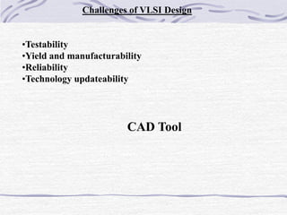 Challenges of VLSI Design
•Testability
•Yield and manufacturability
•Reliability
•Technology updateability
CAD Tool
 
