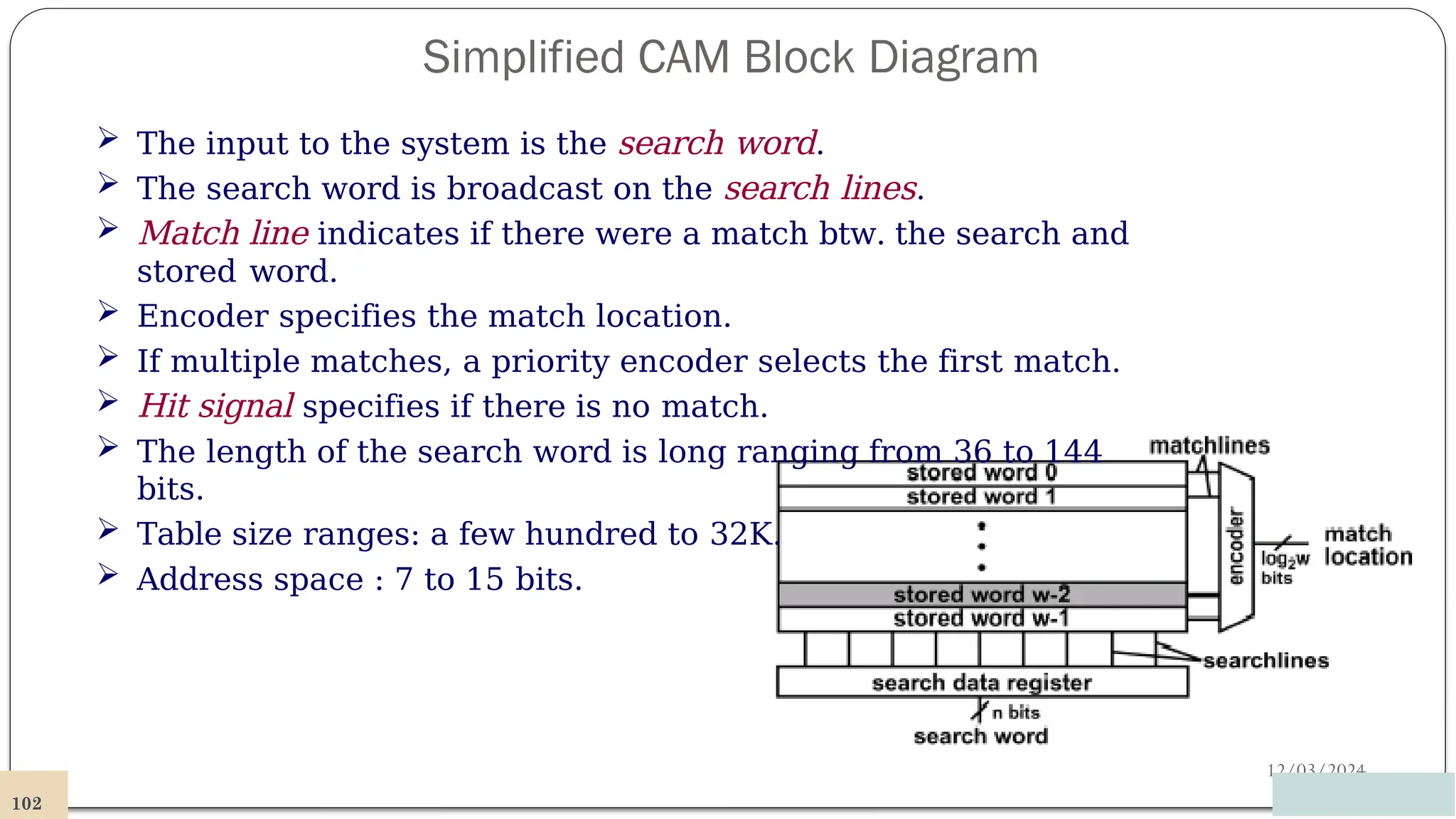 Simplified CAM Block Diagram
12/03/2024
 The input to the system is the search word.
 The search word is broadcast on the search lines.
 Match line indicates if there were a match btw. the search and
stored word.
 Encoder specifies the match location.
 If multiple matches, a priority encoder selects the first match.
 Hit signal specifies if there is no match.
 The length of the search word is long ranging from 36 to 144
bits.
 Table size ranges: a few hundred to 32K.
 Address space : 7 to 15 bits.
102
 