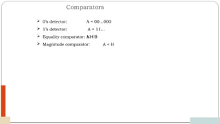 Comparators
12/03/2024
61
 0’s detector:
 1’s detector:
A = 00…000
A = 11…
111
 Equality comparator: A = B
 Magnitude comparator: A < B
 