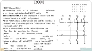 ROM
12/03/2024
architectu
re
NAND-based ROM
NAND-based ROM is a different
array it uses a depletion-load NMOS as the
pull-up transistor
the Column NMOS’s are connected in series with the
column lines (i.e. a NAND configuration)
If an NMOS exists in the Column line and the Row line is
asserted, the NMOS will pull the Column Line down and
represent a stored ’0’
If an NMOS is absent on the Column line and the
Row line is asserted, the Column
Line
will
remain and
represent
pulled
high a
stored ‘1’
 since all
of
by the depletion NMOS
the NMOS’s arein series,
in order
to
Read
much be
turned ON theRow
we are
asserting,
from a Row, all other
Rows
- this means in
order to distinguish we
80
 