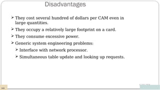 Disadvantages
12/03/2024
 They cost several hundred of dollars per CAM even in
large quantities.
 They occupy a relatively large footprint on a card.
 They consume excessive power.
 Generic system engineering problems:
 Interface with network processor.
 Simultaneous table update and looking up requests.
105
 