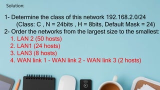 Solution:
1- Determine the class of this network 192.168.2.0/24
(Class: C , N = 24bits , H = 8bits, Default Mask = 24)
2- Order the networks from the largest size to the smallest:
1. LAN 2 (50 hosts)
2. LAN1 (24 hosts)
3. LAN3 (8 hosts)
4. WAN link 1 - WAN link 2 - WAN link 3 (2 hosts)
 