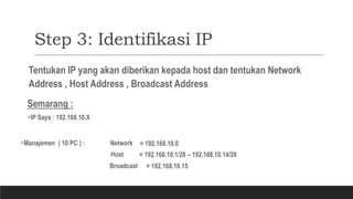 Step 3: Identifikasi IP
Tentukan IP yang akan diberikan kepada host dan tentukan Network
Address , Host Address , Broadcast Address
Semarang :
IP Saya : 192.168.10.X
Manajemen ( 10 PC ) : Network
Host
= 192.168.10.0
= 192.168.10.1/28 – 192.168.10.14/28
Broadcast = 192.168.10.15
 