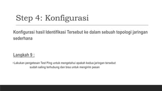 Step 4: Konfigurasi
Konfigurasi hasil Identifikasi Tersebut ke dalam sebuah topologi jaringan
sederhana
Langkah 9 :
Lakukan pengetesan Test Ping untuk mengetahui apakah kedua jaringan tersebut
sudah saling terhubung dan bisa untuk mengirim pesan
 