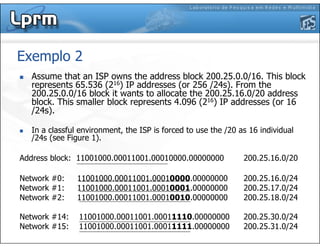 Exemplo 2
Assume that an ISP owns the address block 200.25.0.0/16. This block
represents 65.536 (216) IP addresses (or 256 /24s). From the
200.25.0.0/16 block it wants to allocate the 200.25.16.0/20 address
block. This smaller block represents 4.096 (216) IP addresses (or 16
/24s).
In a classful environment, the ISP is forced to use the /20 as 16 individual
/24s (see Figure 1).
Address block: 11001000.00011001.00010000.00000000 200.25.16.0/20
Network #0: 11001000.00011001.00010000.00000000 200.25.16.0/24
Network #1: 11001000.00011001.00010001.00000000 200.25.17.0/24
Network #2: 11001000.00011001.00010010.00000000 200.25.18.0/24
Network #14: 11001000.00011001.00011110.00000000 200.25.30.0/24
Network #15: 11001000.00011001.00011111.00000000 200.25.31.0/24
 