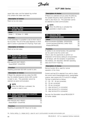 VLT® 2800 Series
saved data value, and the highest log number
[10] contains the oldest data value.
Description of choice:
Read out as one value.
617 Fault log: Value
(F.LOG: VALUE)
Value:
[Index 1 - 10] Value: 0 - 9999
Function:
In this parameter it is possible to see at which value a
trip occurred. The unit of the value depends on which
alarm is active in parameter 615 Fault log: Fault code .
Description of choice:
Read out as one value.
618 Reset of kWh counter
(RESET KWH COUNT)
Value:
✭No reset (DO NOT RESET) [0]
Reset (RESET COUNTER) [1]
Function:
Resetting parameter 602 kWh counter to zero.
Description of choice:
If Reset [1]is selected and you press the [OK]
key, the variable frequency drive’s kWh counter
is reset to zero. This parameter cannot be
selected via serial communication.
NOTE
When the [OK] key is activated, the
counter is reset to zero.
619 RESET RUNNING HOURS COUNTER
(RESET RUN. HOUR)
Value:
✭No reset (DO NOT RESET) [0]
Reset (RESET COUNTER) [1]
Function:
Resetting of parameter 601 Hours run to zero.
Description of choice:
If Reset [1] is selected and you press the [OK] key,
the variable frequency drive’s parameter 601 is
reset to zero Hours run. This parameter cannot
be selected via serial communication.
NOTE
When the [OK] key is activated the
parameter is reset to zero.
620 Operation Mode
(OPERATION MODE)
Value:
✭Normal operation (NORMAL OPERATION) [0]
Control card test (CONTROL CARD TEST) [2]
Initialize (INITIALIZE) [3]
Function:
In addition to its normal function, this parameter
can be used to test the control card.
There is also the opportunity to perform an
initialization at the factory setting for all parameters
in all Setups, with the exception of parameters
500 Address, 501 Baudrate, 600-605 Operating
data and 615-617 Fault log.
Description of choice:
Normal function [0] is used for normal
operation of the motor.
Control card test [2] is selected if you wish to check
the control card’s analog/digital inputs, analog/digital
outputs, relay outputs and 10 V and 24 V voltages.
The test is performed as follows:
27 - 29 - 33 - 46 are connected.
50 - 53 are connected.
42 - 60 are connected.
12 - relay terminal 01 is connected.
18 - relay terminal 02 is connected.
19 - relay terminal 03 is connected.
See also the DeviceNet manual MG.90.BX.YY
for further details.
✭ = factory setting. () = display text [] = value for use in communication via serial communication port
MG.28.A9.22 - VLT is a registered Danfoss trademark86
 