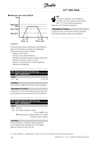 VLT® 8000 AQUA
■ References and Limits 200-228
In this parameter group, the frequency and reference
range of the frequency converter are established.
This parameter group also includes:
- Setting of ramp times
- Choice of four preset references
- Possibility of programming four bypass frequencies.
- Setting of maximum current to motor.
- Setting of warning limits for current, frequency,
reference and feedback.
201 Output frequency low limit, fMIN
(MIN. FREQUENCY)
Value:
0.0 - fMAX ✭ 0.0 HZ
Function:
This is where to select the minimum output frequency.
Description of choice:
A value from 0.0 Hz to the Output frequency high limit,
fMAX frequency set in parameter 202 can be selected.
202 Output frequency high limit, fMAX
(MAX. FREQUENCY)
Value:
fMIN - 120 Hz
(par. 200 Output frequency range)
✭ 60 Hz/ 50 Hz
) Global factory setting different from North
American factory setting.)
Function:
In this parameter, a maximum output frequency
can be selected that corresponds to the highest
speed at which the motor can be.
NB!:
The output frequency of the frequency
converter can never assume a value higher
than 1/10 of the switching frequency
(parameter 407 Switching frequency).
Description of choice:
A value from fMIN to the choice made in parameter
200 Output frequency range can be selected.
✭ = factory setting. () = display text [] = value for use in communication via serial communication port
MG.83.A2.02 - VLT is a registered Danfoss trademark108
 