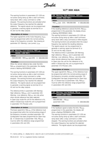 VLT® 8000 AQUA
Programming
The warning functions in parameters 221-228 are
not active during ramp-up after a start command,
ramp-down after a stop command or while
stopped. The warning functions are activated when
the output frequency has reached the selected
reference. The signal outputs can be programmed
to generate a warning signal via terminal 42 or
45 and via the relay outputs.
Description of choice:
The higher signal limit of the motor frequency, fHIGH,
must be programmed within the normal working
range of the frequency converter. See drawing at
parameter 221 Warning: Low current, ILOW.
225 Warning: Low reference, REFLOW
(WARN. LOW REF.)
Value:
-999,999.999 - REFHIGH (par.226) ✭ -999,999.999
Function:
When the remote reference lies under the limit,
RefLOW, programmed in this parameter, the display
shows a flashing REFERENCE LOW.
The warning functions in parameters 221-228 are
not active during ramp-up after a start command,
ramp-down after a stop command or while
stopped. The warning functions are activated when
the output frequency has reached the selected
reference. The signal outputs can be programmed
to generate a warning signal via terminal 42 or
45 and via the relay outputs.
The reference limits in parameter 226 Warning:
High reference, RefHIGH, and in parameter 225
Warning: Low reference, RefLOW, are only active
when remote reference has been selected.
In Open loop mode the unit for the reference is Hz,
while in Closed loop mode the unit is programmed
in parameter 415 Process units.
Description of choice:
The lower signal limit, RefLOW, of the reference must
be programmed within the normal working range of
the frequency converter, provided parameter 100
Configuration has been programmed for Open loop
[0]. In Closed loop [1] (parameter 100), RefLOW
must be within the reference range programmed
in parameters 204 and 205.
226 Warning: High reference , REFHIGH
(WARN. HIGH REF.)
Value:
REFLow (par. 225) - 999,999.999 ✭ 999,999.999
Function:
If the resulting reference is above the limit, RefHIGH,
programmed in this parameter, the display shows
a flashing REFERENCE HIGH.
The warning functions in parameters 221-228 are
not active during ramp-up after a start command,
ramp-down after a stop command or while stopped.
The warning functions are activated when the output
frequency has reached the resulting reference.
The signal outputs can be programmed to
generate a warning signal via terminal 42 or
45 and via the relay outputs.
The reference limits in parameter 226 Warning:
High reference, RefHIGH, and in parameter 225
Warning: Low reference, RefLOW , are only active
when remote reference has been selected.
In Open loop the unit for the reference is Hz,
while in Closed loop the unit is programmed in
parameter 415 Process units.
Description of choice:
The upper signal limit, RefHIGH, of the reference must
be programmed within the normal working range of
the frequency converter, provided parameter 100
Configuration has been programmed for Open loop
[0]. In Closed loop [1] (parameter 100), RefHIGH
must be within the reference range programmed
in parameters 204 and 205.
227 Warning: Low feedback, FBLOW
(WARN LOW FDBK)
Value:
-999,999.999 - FBHIGH
(parameter 228) ✭ -999.999,999
Function:
If the feedback signal is below the limit, FBLOW,
programmed in this parameter, the display will
show a flashing FEEDBACK LOW.
The warning functions in parameters 221-228 are
not active during ramp-up after a start command,
ramp-down after a stop command or while
stopped. The warning functions are activated when
the output frequency has reached the selected
reference. The signal outputs can be programmed
✭ = factory setting. () = display text [] = value for use in communication via serial communication port
MG.83.A2.02 - VLT is a registered Danfoss trademark 115
 