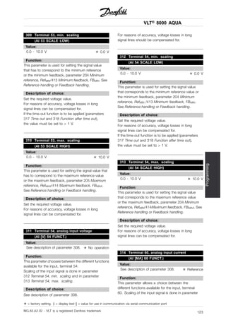VLT® 8000 AQUA
Programming
309 Terminal 53, min. scaling
(AI 53 SCALE LOW)
Value:
0.0 - 10.0 V ✭ 0.0 V
Function:
This parameter is used for setting the signal value
that has to correspond to the minimum reference
or the minimum feedback, parameter 204 Minimum
reference, RefMIN/413 Minimum feedback, FBMIN. See
Reference handling or Feedback handling.
Description of choice:
Set the required voltage value.
For reasons of accuracy, voltage losses in long
signal lines can be compensated for.
If the time-out function is to be applied (parameters
317 Time out and 318 Function after time out),
the value must be set to > 1 V.
310 Terminal 53, max. scaling
(AI 53 SCALE HIGH)
Value:
0.0 - 10.0 V ✭ 10.0 V
Function:
This parameter is used for setting the signal value that
has to correspond to the maximum reference value
or the maximum feedback, parameter 205 Maximum
reference, RefMAX/414 Maximum feedback, FBMAX.
See Reference handling or Feedback handling.
Description of choice:
Set the required voltage value.
For reasons of accuracy, voltage losses in long
signal lines can be compensated for.
311 Terminal 54, analog input voltage
(AI [V] 54 FUNCT.)
Value:
See description of parameter 308. ✭ No operation
Function:
This parameter chooses between the different functions
available for the input, terminal 54.
Scaling of the input signal is done in parameter
312 Terminal 54, min. scaling and in parameter
313 Terminal 54, max. scaling.
Description of choice:
See description of parameter 308.
For reasons of accuracy, voltage losses in long
signal lines should be compensated for.
312 Terminal 54, min. scaling
(AI 54 SCALE LOW)
Value:
0.0 - 10.0 V ✭ 0.0 V
Function:
This parameter is used for setting the signal value
that corresponds to the minimum reference value or
the minimum feedback, parameter 204 Minimum
reference, RefMIN /413 Minimum feedback, FBMIN.
See Reference handling or Feedback handling.
Description of choice:
Set the required voltage value.
For reasons of accuracy, voltage losses in long
signal lines can be compensated for.
If the time-out function is to be applied (parameters
317 Time out and 318 Function after time out),
the value must be set to > 1 V.
313 Terminal 54, max. scaling
(AI 54 SCALE HIGH)
Value:
0.0 - 10.0 V ✭ 10.0 V
Function:
This parameter is used for setting the signal value
that corresponds to the maximum reference value
or the maximum feedback, parameter 204 Minimum
reference, RefMIN/414Maximum feedback, FBMAX. See
Reference handling or Feedback handling.
Description of choice:
Set the required voltage value.
For reasons of accuracy, voltage losses in long
signal lines can be compensated for.
314 Terminal 60, analog input current
(AI [MA] 60 FUNCT.)
Value:
See description of parameter 308. ✭ Reference
Function:
This parameter allows a choice between the
different functions available for the input, terminal
60. Scaling of the input signal is done in parameter
✭ = factory setting. () = display text [] = value for use in communication via serial communication port
MG.83.A2.02 - VLT is a registered Danfoss trademark 123
 
