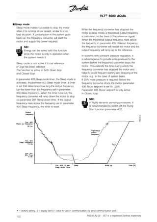 VLT® 8000 AQUA
■ Sleep mode
Sleep mode makes it possible to stop the motor
when it is running at low speed, similar to a no
load situation. If consumption in the system goes
back up, the frequency converter will start the
motor and supply the power required.
NB!:
Energy can be saved with this function,
since the motor is only in operation when
the system needs it.
Sleep mode is not active if Local reference
or Jog has been selected
The function is active in both Open loop
and Closed loop.
In parameter 403 Sleep mode timer, the Sleep mode is
activated. In parameter 403 Sleep mode timer, a timer
is set that determines how long the output frequency
can be lower than the frequency set in parameter
404 Sleep frequency. When the timer runs out, the
frequency converter will ramp down the motor to stop
via parameter 207 Ramp-down time. If the output
frequency rises above the frequency set in parameter
404 Sleep frequency, the timer is reset.
While the frequency converter has stopped the
motor in sleep mode, a theoretical output frequency
is calculated on the basis of the reference signal.
When the theoretical output frequency rises above
the frequency in parameter 405 Wake up frequency,
the frequency converter will restart the motor and the
output frequency will ramp up to the reference.
In systems with constant pressure regulation, it
is advantageous to provide extra pressure to the
system before the frequency converter stops the
motor. This extends the time during which the
frequency converter has stopped the motor and
helps to avoid frequent starting and stopping of the
motor, e.g. in the case of system leaks.
If 25% more pressure is required before the
frequency converter stops the motor, parameter
406 Boost setpoint is set to 125%.
Parameter 406 Boost setpoint is only active
in Closed loop.
NB!:
In highly dynamic pumping processes, it
is recommended to switch off the Flying
Start function (parameter 402).
✭ = factory setting. () = display text [] = value for use in communication via serial communication port
MG.83.A2.02 - VLT is a registered Danfoss trademark132
 