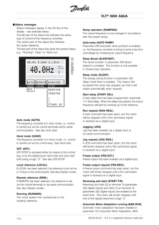 VLT® 8000 AQUA
■ Status messages
Status messages appear in the 4th line of the
display - see example below.
The left part of the status line indicates the active
type of control of the frequency converter.
The centre part of the status line indicates
the active reference.
The last part of the status line gives the present status,
e.g. "Running", "Stop" or "Stand by".
175ZA701.1040.0Hz
80.0% 5.08A 2.15kW
SETUP
1
AUTO REMOTE RUNNING
HAND LOCAL STOP
LOCAL STOPRAMPING
HAND JOGGING
..
..
STAND BY
OFF
Auto mode (AUTO)
The frequency converter is in Auto mode, i.e. control
is carried out via the control terminals and/or serial
communication. See also Auto start.
Hand mode (HAND)
The frequency converter is in Hand mode, i.e. control
is carried out via the control keys. See Hand start.
OFF (OFF)
OFF/STOP is activated either by means of the control
key, or by the digital inputs Hand start and Auto start
both being a logic "0". See also OFF/STOP
Local reference (LOCAL)
If LOCAL has been selected, the reference is set via the
[+/-] keys on the control panel. See also Display modes.
Remote reference (REM.)
If REMOTE has been selected, the reference is set
via the control terminals or via serial communication.
See also Display modes.
Running (RUNNING)
The motor speed now corresponds to the
resulting reference.
Ramp operation (RAMPING)
The output frequency is now changed in accordance
with the preset ramps.
Auto-ramp (AUTO RAMP)
Parameter 208 Automatic ramp-up/down is enabled,
i.e. the frequency converter is trying to avoid a trip from
overvoltage by increasing its output frequency.
Sleep Boost (SLEEP.BST)
The boost function in parameter 406 Boost
setpoint is enabled. This function is only possible
in Closed loop operation.
Sleep mode (SLEEP)
The energy saving function in parameter 403
Sleep mode timer is enabled. This means that
at present the motor has stopped, but that it will
restart automatically when required.
Start delay (START DEL)
A start delay time has been programmed i parameter
111 Start delay. When the delay has passed, the output
frequency will start by ramping up to the reference.
Run request (RUN REQ.)
A start command has been given, but the motor
will be stopped until a Run permissive signal
is received via a digital input.
Jogging (JOG)
Jog has been enabled via a digital input or
via serial communication.
Jog request (JOG REQ.)
A JOG command has been given, but the motor
will remain stopped until a Run permissive signal
is received via a digital input.
Freeze output (FRZ.OUT.)
Freeze output has been enabled via a digital input.
Freeze output request (FRZ.REQ.)
A freeze output command has been given, but the
motor will remain stopped until a Run permissive
signal is received via a digital input.
Reversing and start (START F/R)
Reversing and start [2] on terminal 19 (parameter
303 Digital inputs) and Start [1] on terminal 18
(parameter 302 Digital inputs) are enabled at the
same time. The motor will remain stopped until
one of the signals becomes a logic ‘0’.
Automatic Motor Adaptation running (AMA RUN)
Automatic motor adaptation has been enabled in
parameter 107 Automatic Motor Adaptation, AMA.
MG.83.A2.02 - VLT is a registered Danfoss trademark174
 