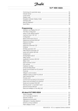 VLT® 8000 AQUA
Control keys for parameter setup ........................................................................... 84
Indicator lamps ....................................................................................................... 85
Local control .......................................................................................................... 85
Display mode ......................................................................................................... 85
Navigation between display modes ........................................................................ 88
Changing data ........................................................................................................ 89
Manual initialisation ................................................................................................. 89
Quick Menu ............................................................................................................ 90
Programming .................................................................................................... 92
Operation and Display 001-017 .............................................................................. 92
The Setup configuration ......................................................................................... 92
Setup of user-defined readout ................................................................................ 93
Load and motor 100-124 ....................................................................................... 99
Configuration .......................................................................................................... 99
Motor power factor (Cos ø) .................................................................................. 105
References and limits 200-228 ............................................................................. 108
Reference handling ............................................................................................... 109
Reference type ..................................................................................................... 112
Initial ramp parameter 229 .................................................................................... 116
Fill Mode .............................................................................................................. 116
Fill Rate parameter 230 ........................................................................................ 117
Filled Setpoint parameter 231 ............................................................................... 117
Inputs and outputs 300-328 ................................................................................. 118
Analog inputs ....................................................................................................... 122
Analog/digital outputs ........................................................................................... 125
Relay outputs ....................................................................................................... 128
Application functions 400-434 .............................................................................. 131
Sleep mode .......................................................................................................... 132
PID for process control ......................................................................................... 137
PID overview ........................................................................................................ 139
Feedback handling ............................................................................................... 139
Enhanced Sleep Mode ......................................................................................... 145
Serial communication for FC protocol ................................................................... 149
Protocols .............................................................................................................. 149
Telegram communication ..................................................................................... 149
Telegram build-up under FC protocol ................................................................... 149
Data character (byte) ............................................................................................ 151
Process word ....................................................................................................... 154
Control word according to FC protocol ................................................................. 155
Status word according to FC protocol .................................................................. 156
Serial communication 500-556 ............................................................................. 159
Warning words 1+2 and Alarm word .................................................................... 167
Service functions 600-631 .................................................................................... 168
Electrical installation of the relay card .................................................................... 173
All about VLT 8000 AQUA ......................................................................... 174
Status messages .................................................................................................. 174
List of warnings and alarms .................................................................................. 176
Special conditions ................................................................................................ 181
Aggressive environments ...................................................................................... 181
Calculation of resulting reference .......................................................................... 182
Extreme running conditions .................................................................................. 184
Peak voltage on motor ......................................................................................... 185
MG.83.A2.02 - VLT is a registered Danfoss trademark2
 