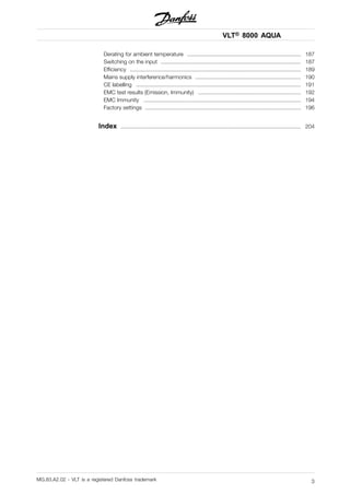 VLT® 8000 AQUA
Derating for ambient temperature ......................................................................... 187
Switching on the input .......................................................................................... 187
Efficiency .............................................................................................................. 189
Mains supply interference/harmonics .................................................................... 190
CE labelling .......................................................................................................... 191
EMC test results (Emission, Immunity) .................................................................. 192
EMC Immunity ..................................................................................................... 194
Factory settings .................................................................................................... 196
Index .................................................................................................................... 204
MG.83.A2.02 - VLT is a registered Danfoss trademark 3
 