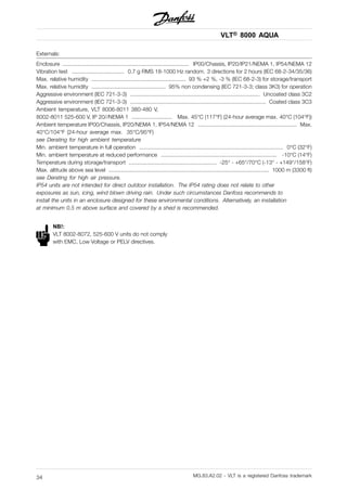 VLT® 8000 AQUA
Externals:
Enclosure .................................................................................. IP00/Chassis, IP20/IP21/NEMA 1, IP54/NEMA 12
Vibration test .................................. 0.7 g RMS 18-1000 Hz random. 3 directions for 2 hours (IEC 68-2-34/35/36)
Max. relative humidity ............................................................. 93 % +2 %, -3 % (IEC 68-2-3) for storage/transport
Max. relative humidity ................................................ 95% non condensing (IEC 721-3-3; class 3K3) for operation
Aggressive environment (IEC 721-3-3) .................................................................................... Uncoated class 3C2
Aggressive environment (IEC 721-3-3) ........................................................................................ Coated class 3C3
Ambient temperature, VLT 8006-8011 380-480 V,
8002-8011 525-600 V, IP 20//NEMA 1 .......................... Max. 45°C (117°F) (24-hour average max. 40°C (104°F))
Ambient temperature IP00/Chassis, IP20/NEMA 1, IP54/NEMA 12 ................................................................ Max.
40°C/104°F (24-hour average max. 35°C/95°F)
see Derating for high ambient temperature
Min. ambient temperature in full operation ............................................................................................. 0°C (32°F)
Min. ambient temperature at reduced performance ........................................................................... -10°C (14°F)
Temperature during storage/transport ......................................................... -25° - +65°/70°C (-13° - +149°/158°F)
Max. altitude above sea level ........................................................................................................ 1000 m (3300 ft)
see Derating for high air pressure.
IP54 units are not intended for direct outdoor installation. The IP54 rating does not relate to other
exposures as sun, icing, wind blown driving rain. Under such circumstances Danfoss recommends to
install the units in an enclosure designed for these environmental conditions. Alternatively, an installation
at minimum 0.5 m above surface and covered by a shed is recommended.
NB!:
VLT 8002-8072, 525-600 V units do not comply
with EMC, Low Voltage or PELV directives.
MG.83.A2.02 - VLT is a registered Danfoss trademark34
 