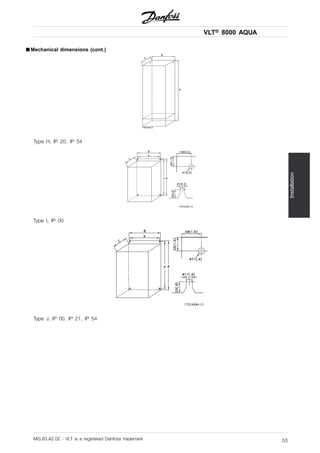 VLT® 8000 AQUA
Installation
■ Mechanical dimensions (cont.)
Type H, IP 20, IP 54
Type I, IP 00
Type J, IP 00, IP 21, IP 54
MG.83.A2.02 - VLT is a registered Danfoss trademark 53
 