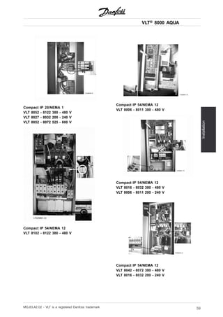 VLT® 8000 AQUA
Installation
Compact IP 20/NEMA 1
VLT 8052 - 8122 380 - 480 V
VLT 8027 - 8032 200 - 240 V
VLT 8052 - 8072 525 - 600 V
Compact IP 54/NEMA 12
VLT 8102 - 8122 380 - 480 V
Compact IP 54/NEMA 12
VLT 8006 - 8011 380 - 480 V
Compact IP 54/NEMA 12
VLT 8016 - 8032 380 - 480 V
VLT 8006 - 8011 200 - 240 V
Compact IP 54/NEMA 12
VLT 8042 - 8072 380 - 480 V
VLT 8016 - 8032 200 - 240 V
MG.83.A2.02 - VLT is a registered Danfoss trademark 59
 
