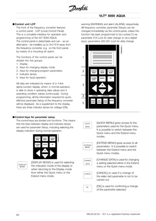 VLT® 8000 AQUA
■ Control unit LCP
The front of the frequency converter features
a control panel - LCP (Local Control Panel).
This is a complete interface for operation and
programming of the VLT 8000 AQUA.
The control panel is detachable and can - as an
alternative - be installed up to 3m/10 ft away from
the frequency converter, e.g. on the front panel,
by means of a mounting kit option.
The functions of the control panel can be
divided into five groups:
1. Display
2. Keys for changing display mode
3. Keys for changing program parameters
4. Indicator lamps
5. Keys for local operation.
All data are indicated by means of a 4-line
alpha-numeric display, which, in normal operation,
is able to show 4 operating data values and 3
operating condition values continuously. During
programming, all the information required for quick,
effective parameter Setup of the frequency converter
will be displayed. As a supplement to the display,
there are three indicator lamps for voltage (ON),
warning (WARNING) and alarm (ALARM), respectively.
All frequency converter parameter Setups can be
changed immediately via the control panel, unless this
function has been programmed to be Locked [1] via
parameter 016 Lock for data change or via a digital
input, parameters 300-307 Lock for data change.
■ Control keys for parameter setup
The control keys are divided into functions. This means
that the keys between display and indicator lamps
are used for parameter Setup, including selecting the
display indication during normal operation.
[DISPLAY MODE] is used for selecting
the indication mode of the display or
when returning to the Display mode
from either the Quick menu or the
Extend menu mode.
[QUICK MENU] gives access to the
parameters used for the Quick menu.
It is possible to switch between the
Quick menu and the Extend menu
modes.
[EXTEND MENU] gives access to all
parameters. It is possible to switch
between the Extend menu and the
Quick menu modes.
[CHANGE DATA] is used for changing
a setting selected either in the Extend
menu or the Quick menu mode.
[CANCEL] is used if a change of
the selec-ted parameter is not to be
carried out.
[OK] is used for confirming a change
of the parameter selected.
MG.83.A2.02 - VLT is a registered Danfoss trademark84
 