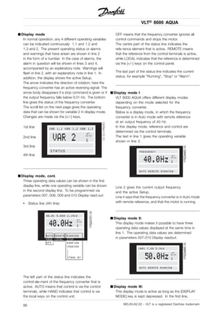 VLT® 8000 AQUA
■ Display mode
In normal operation, any 4 different operating variables
can be indicated continuously: 1.1 and 1.2 and
1.3 and 2. The present operating status or alarms
and warnings that have arisen are shown in line 2
in the form of a number. In the case of alarms, the
alarm in question will be shown in lines 3 and 4,
accompanied by an explanatory note. Warnings will
flash in line 2, with an explanatory note in line 1. In
addition, the display shows the active Setup.
The arrow indicates the direction of rotation; here the
frequency converter has an active reversing signal. The
arrow body disappears if a stop command is given or if
the output frequency falls below 0.01 Hz. The bottom
line gives the status of the frequency converter.
The scroll list on the next page gives the operating
data that can be shown for variable 2 in display mode.
Changes are made via the [+/-] keys.
1st line
2nd line
3rd line
4th line
195NA113.10
VAR 2 SETUP
1
STATUS
VAR 1.1 VAR 1.2 VAR 1.3
■ Display mode, cont.
Three operating data values can be shown in the first
display line, while one operating variable can be shown
in the second display line. To be programmed via
parameters 007, 008, 009 and 010 Display read-out.
• Status line (4th line):
175ZA701.10
40.0Hz
80.0% 5.08A 2.15kW
SETUP
1
AUTO REMOTE RUNNING
HAND LOCAL STOP
LOCAL STOPRAMPING
HAND JOGGING
..
..
STAND BY
OFF
The left part of the status line indicates the
control ele-ment of the frequency converter that is
active. AUTO means that control is via the control
terminals, while HAND indicates that control is via
the local keys on the control unit.
OFF means that the frequency converter ignores all
control commands and stops the motor.
The centre part of the status line indicates the
refe-rence element that is active. REMOTE means
that the reference from the control terminals is active,
while LOCAL indicates that the reference is determined
via the [+/-] keys on the control panel.
The last part of the status line indicates the current
status, for example "Running", "Stop" or "Alarm".
■ Display mode I
VLT 8000 AQUA offers different display modes
depending on the mode selected for the
frequency converter.
Below is a display mode, in which the frequency
converter is in Auto mode with remote reference
at an output frequency of 40 Hz.
In this display mode, reference and control are
determined via the control terminals.
The text in line 1 gives the operating variable
shown in line 2.
175ZA683.10
SETUP
1
FREQUENCY
40.0Hz
AUTO REMOTE RUNNING
Line 2 gives the current output frequency
and the active Setup.
Line 4 says that the frequency converter is in Auto mode
with remote reference, and that the motor is running.
■ Display mode II:
This display mode makes it possible to have three
operating data values displayed at the same time in
line 1. The operating data values are determined
in parameters 007-010 Display readout.
175ZA685.10
50.0Hz SETUP
1
AUTO REMOTE RUNNING
100% 7.8A 5.9kW
■ Display mode III:
This display mode is active as long as the [DISPLAY
MODE] key is kept depressed. In the first line,
MG.83.A2.02 - VLT is a registered Danfoss trademark86
 