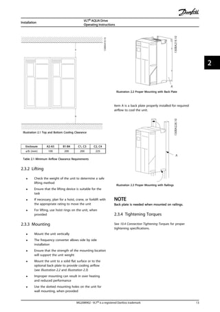 a
b
130BA419.10
Illustration 2.1 Top and Bottom Cooling Clearance
Enclosure A2-A5 B1-B4 C1, C3 C2, C4
a/b [mm] 100 200 200 225
Table 2.1 Minimum Airflow Clearance Requirements
2.3.2 Lifting
• Check the weight of the unit to determine a safe
lifting method
• Ensure that the lifting device is suitable for the
task
• If necessary, plan for a hoist, crane, or forklift with
the appropriate rating to move the unit
• For lifting, use hoist rings on the unit, when
provided
2.3.3 Mounting
• Mount the unit vertically
• The frequency converter allows side by side
installation
• Ensure that the strength of the mounting location
will support the unit weight
• Mount the unit to a solid flat surface or to the
optional back plate to provide cooling airflow
(see Illustration 2.2 and Illustration 2.3)
• Improper mounting can result in over heating
and reduced performance
• Use the slotted mounting holes on the unit for
wall mounting, when provided
130BA219.10
A
Illustration 2.2 Proper Mounting with Back Plate
Item A is a back plate properly installed for required
airflow to cool the unit.
130BA228.10
A
Illustration 2.3 Proper Mounting with Railings
NOTE
Back plate is needed when mounted on railings.
2.3.4 Tightening Torques
See 10.4 Connection Tightening Torques for proper
tightening specifications.
Installation
VLT® AQUA Drive
Operating Instructions
MG20M902 - VLT® is a registered Danfoss trademark 13
2 2
 