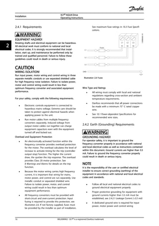 2.4.1 Requirements
WARNING
EQUIPMENT HAZARD!
Rotating shafts and electrical equipment can be hazardous.
All electrical work must conform to national and local
electrical codes. It is strongly recommended that instal-
lation, start up, and maintenance be performed only by
trained and qualified personnel. Failure to follow these
guidelines could result in death or serious injury.
CAUTION
WIRING ISOLATION!
Run input power, motor wiring and control wiring in three
separate metallic conduits or use separated shielded cable
for high frequency noise isolation. Failure to isolate power,
motor and control wiring could result in less than
optimum frequency converter and associated equipment
performance.
For your safety, comply with the following requirements.
• Electronic controls equipment is connected to
hazardous mains voltage. Extreme care should be
taken to protect against electrical hazards when
applying power to the unit.
• Run motor cables from multiple frequency
converters separately. Induced voltage from
output motor cables run together can charge
equipment capacitors even with the equipment
turned off and locked out.
Overload and Equipment Protection
• An electronically activated function within the
frequency converter provides overload protection
for the motor. The overload calculates the level of
increase to activate timing for the trip (controller
output stop) function. The higher the current
draw, the quicker the trip response. The overload
provides Class 20 motor protection. See
8 Warnings and Alarms for details on the trip
function.
• Because the motor wiring carries high frequency
current, it is important that wiring for mains,
motor power, and control are run separately. Use
metallic conduit or separated shielded wire.
Failure to isolate power, motor, and control
wiring could result in less than optimum
equipment performance.
• All frequency converters must be provided with
short-circuit and over-current protection. Input
fusing is required to provide this protection, see
Illustration 2.6. If not factory supplied, fuses must
be provided by the installer as part of installation.
See maximum fuse ratings in 10.3 Fuse Specifi-
cations.
L1
L1
L2
L2
L3
L3
GND
91 92 93
Fuses
130BB460.10
Illustration 2.6 Fuses
Wire Type and Ratings
• All wiring must comply with local and national
regulations regarding cross-section and ambient
temperature requirements.
• Danfoss recommends that all power connections
be made with a minimum 75° C rated copper
wire.
• See 10.1 Power-dependent Specifications for
recommended wire sizes.
2.4.2 Earth (Grounding) Requirements
WARNING
GROUNDING HAZARD!
For operator safety, it is important to ground the
frequency converter properly in accordance with national
and local electrical codes as well as instructions contained
within this document. Ground currents are higher than 3.5
mA. Failure to ground the frequency converter properly
could result in death or serious injury.
NOTE
It is the responsibility of the user or certified electrical
installer to ensure correct grounding (earthing) of the
equipment in accordance with national and local electrical
codes and standards.
• Follow all local and national electrical codes to
ground electrical equipment properly
• Proper protective grounding for equipment with
ground currents higher than 3.5 mA must be
established, see 2.4.2.1 Leakage Current (>3.5 mA)
• A dedicated ground wire is required for input
power, motor power and control wiring
Installation
VLT® AQUA Drive
Operating Instructions
16 MG20M902 - VLT® is a registered Danfoss trademark
22
 