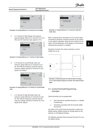 Q3-21
130BT764.10
6-10 Terminal 53 Low
Voltage
0.00 V
14.7% 0.00A 1(1)
Analog Reference
Illustration 5.4 Analog Reference 6-10 Terminal 53 Low Voltage
5. 6-11 Terminal 53 High Voltage. Set maximum
external voltage reference on Terminal 53 at 10 V.
(This sets the maximum input signal at 10 V.)
Q3-21
130BT765.10
6-11 Terminal 53 High
Voltage
10.00 V
14.7% 0.00A 1(1)
Analog Reference
Illustration 5.5 Analog Reference 6-11 Terminal 53 High Voltage
6. 6-14 Terminal 53 Low Ref./Feedb. Value. Set
minimum speed reference on Terminal 53 at 6
Hz. (This tells the frequency converter that the
minimum voltage received on Terminal 53 (0 V)
equals 6 Hz output.)
130BT773.11
Q3-21
14.7 % 0.00 A 1(1)
Analog Reference
6 - 14 Terminal 53 Low
Ref./Feedb. Value
000020.000
Illustration 5.6 Analog Reference 6-14 Terminal 53 Low Ref./Feedb.
Value
7. 6-15 Terminal 53 High Ref./Feedb. Value. Set
maximum speed reference on Terminal 53 at 60
Hz. (This tells the frequency converter that the
maximum voltage received on Terminal 53 (10 V)
equals 60 Hz output.)
130BT774.11
Q3-21
14.7 % 0.00 A 1(1)
Analog Reference
6 - 15 Terminal 53 High
Ref./Feedb. Value
50.000
Illustration 5.7 Analog Reference 6-15 Terminal 53 High Ref./
Feedb. Value
With an external device providing a 0-10 V control signal
connected to frequency converter terminal 53, the system
is now ready for operation. Note that the scroll bar on the
right in the last illustration of the display is at the bottom,
indicating the procedure is complete.
Illustration 5.8 shows the wiring connections used to
enable this set up.
53
55
6-1* +
A53
U - I
130BB482.10
0-10V
Illustration 5.8 Wiring Example for External Device Providing
0-10 V Control Signal (Frequency Converter Left, External Device
Right)
5.3 Control Terminal Programming
Examples
Control terminals can be programmed.
• Each terminal has specified functions it is capable
of performing
• Parameters associated with the terminal enable
the function
See Table 2.4 for control terminal parameter number and
default setting. (Default setting can change based on the
selection in 0-03 Regional Settings.)
The following example shows accessing Terminal 18 to see
the default setting.
About Frequency Converter P...
VLT® AQUA Drive
Operating Instructions
MG20M902 - VLT® is a registered Danfoss trademark 35
5 5
 