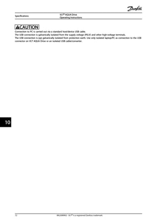 CAUTION
Connection to PC is carried out via a standard host/device USB cable.
The USB connection is galvanically isolated from the supply voltage (PELV) and other high-voltage terminals.
The USB connection is not galvanically isolated from protection earth. Use only isolated laptop/PC as connection to the USB
connector on VLT AQUA Drive or an isolated USB cable/converter.
Specifications
VLT® AQUA Drive
Operating Instructions
72 MG20M902 - VLT® is a registered Danfoss trademark
1010
 