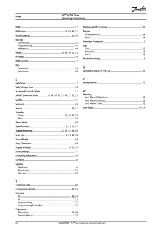 RCD............................................................................................................ 17
Reference............................................................................. iii, 45, 49, 31
Relay Outputs................................................................................. 20, 70
Remote
Commands............................................................................................ 6
Programming.................................................................................... 44
Reference............................................................................................ 49
Reset.............................................................................. 30, 33, 49, 52, 32
RFI Filter................................................................................................... 19
RMS Current.............................................................................................. 7
Run
Command........................................................................................... 29
Permissive........................................................................................... 49
S
Safe Stop.................................................................................................... 7
Safety Inspection.................................................................................. 24
Screened Control Cables................................................................... 21
Serial Communication................... 6, 14, 20, 21, 32, 49, 71, 52, 23
Set Up....................................................................................................... 31
Setpoint.................................................................................................... 49
Set-up................................................................................................ 29, 31
Shielded
Cable................................................................................ 12, 16, 25, 53
Wire....................................................................................................... 16
Sleep Mode............................................................................................. 49
Specifications...................................................................... 6, 13, 23, 57
Speed Reference....................................................... 22, 29, 35, 46, 49
Start Up.................................................................................. 6, 33, 34, 54
Status Mode............................................................................................ 49
Stop Command..................................................................................... 49
Supply Voltage........................................................................ 19, 20, 24
Surroundings......................................................................................... 71
Switching Frequency.......................................................................... 49
Symbols..................................................................................................... iii
System
Feedback............................................................................................... 6
Monitoring.......................................................................................... 52
Start Up................................................................................................ 29
T
Technical Data....................................................................................... 68
Temperature Limits...................................................................... 25, 53
Terminal
53.................................................................................................... 22, 34
54........................................................................................................... 22
Programming.................................................................................... 22
Programming Examples................................................................ 35
Thermistor
Thermistor................................................................................... 19, 48
Control Wiring................................................................................... 19
Tightening Of Terminals.................................................................... 81
Torque
Characteristics................................................................................... 68
Limit...................................................................................................... 29
Transient Protection.............................................................................. 7
Trip
Trip........................................................................................................ 52
Function.............................................................................................. 16
Lock....................................................................................................... 52
Troubleshooting...................................................................................... 6
U
Uploading Data To The LCP.............................................................. 33
V
Voltage Level.......................................................................................... 70
W
Warning
And Alarm Definitions.................................................................... 53
And Alarm Displays......................................................................... 52
And Alarm Types.............................................................................. 52
Wire Sizes.......................................................................................... 16, 17
Index
VLT® AQUA Drive
Operating Instructions
84 MG20M902 - VLT® is a registered Danfoss trademark
 