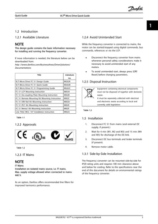 1.2 Introduction
1.2.1 Available Literature
NOTE
This design guide contains the basic information necessary
for installing and running the frequency converter.
If more information is needed, the literature below can be
downloaded from:
http: //www.danfoss.com/BusinessAreas/DrivesSolutions/
Documentations
Title Literature
no.
VLT Micro Drive FC 51 Design Guide MG02K
VLT Micro Drive FC 51 Quick Guide MG02B
VLT Micro Drive FC 51 Programming Guide MG02C
FC 51 LCP Mounting Instruction MI02A
FC 51 De-coupling Plate Mounting Instruction MI02B
FC 51 Remote Mounting Kit Mounting Instruction MI02C
FC 51 DIN Rail Kit Mounting Instruction MI02D
FC 51 IP21 Kit Mounting Instruction MI02E
FC 51 Nema1 Kit Mounting Instruction MI02F
Line Filter MCC 107 Installation Instruction MI02U
Table 1.1
1.2.2 Approvals
Table 1.2
1.2.3 IT Mains
NOTE
IT Mains
Installation on isolated mains source, i.e. IT mains.
Max. supply voltage allowed when connected to mains:
440 V.
As an option, Danfoss offers recommended line filters for
improved harmonics performance.
1.2.4 Avoid Unintended Start
While the frequency converter is connected to mains, the
motor can be started/stopped using digital commands, bus
commands, references or via the LCP.
• Disconnect the frequency converter from mains
whenever personal safety considerations make it
necessary to avoid unintended start of any
motors.
• To avoid unintended start, always press [Off/
Reset] before changing parameters.
1.2.5 Disposal Instruction
Equipment containing electrical components
must not be disposed of together with domestic
waste.
It must be separately collected with electrical
and electronic waste according to local and
currently valid legislation.
Table 1.3
1.3 Installation
1. Disconnect FC 51 from mains (and external DC
supply, if present.)
2. Wait for 4 min (M1, M2 and M3) and 15 min (M4
and M5) for discharge of the DC-link.
3. Disconnect DC bus terminals and brake terminals
(if present).
4. Remove motor cable.
1.3.1 Side-by-Side Installation
The frequency converter can be mounted side-by-side for
IP20 rating units and requires 100 mm clearance above
and below for cooling. Refer to the specifications near the
end of this document for details on environmental ratings
of the frequency converter.
Quick Guide VLT® Micro Drive Quick Guide
MG02B702 - VLT® is a registered Danfoss trademark 3
1 1
 