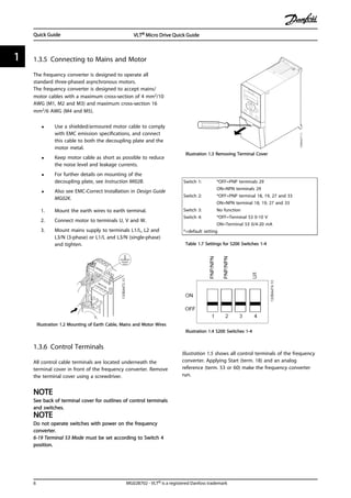 1.3.5 Connecting to Mains and Motor
The frequency converter is designed to operate all
standard three-phased asynchronous motors.
The frequency converter is designed to accept mains/
motor cables with a maximum cross-section of 4 mm2/10
AWG (M1, M2 and M3) and maximum cross-section 16
mm2/6 AWG (M4 and M5).
• Use a shielded/armoured motor cable to comply
with EMC emission specifications, and connect
this cable to both the decoupling plate and the
motor metal.
• Keep motor cable as short as possible to reduce
the noise level and leakage currents.
• For further details on mounting of the
decoupling plate, see Instruction MI02B.
• Also see EMC-Correct Installation in Design Guide
MG02K.
1. Mount the earth wires to earth terminal.
2. Connect motor to terminals U, V and W.
3. Mount mains supply to terminals L1/L, L2 and
L3/N (3-phase) or L1/L and L3/N (single-phase)
and tighten.
Illustration 1.2 Mounting of Earth Cable, Mains and Motor Wires
1.3.6 Control Terminals
All control cable terminals are located underneath the
terminal cover in front of the frequency converter. Remove
the terminal cover using a screwdriver.
NOTE
See back of terminal cover for outlines of control terminals
and switches.
NOTE
Do not operate switches with power on the frequency
converter.
6-19 Terminal 53 Mode must be set according to Switch 4
position.
Illustration 1.3 Removing Terminal Cover
Switch 1: *OFF=PNP terminals 29
ON=NPN terminals 29
Switch 2: *OFF=PNP terminal 18, 19, 27 and 33
ON=NPN terminal 18, 19, 27 and 33
Switch 3: No function
Switch 4: *OFF=Terminal 53 0-10 V
ON=Terminal 53 0/4-20 mA
*=default setting
Table 1.7 Settings for S200 Switches 1-4
Illustration 1.4 S200 Switches 1-4
Illustration 1.5 shows all control terminals of the frequency
converter. Applying Start (term. 18) and an analog
reference (term. 53 or 60) make the frequency converter
run.
Quick Guide VLT® Micro Drive Quick Guide
6 MG02B702 - VLT® is a registered Danfoss trademark
11
 
