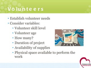 Volunteers Establish volunteer needs Consider variables: Volunteer skill level Volunteer age How many? Duration of project Availability of supplies Physical space available to perform the work 