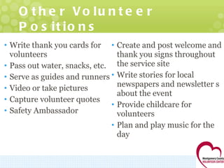 Other Volunteer Positions Write thank you cards for volunteers Pass out water, snacks, etc. Serve as guides and runners  Video or take pictures Capture volunteer quotes Safety Ambassador Create and post welcome and thank you signs throughout the service site Write stories for local newspapers and newsletter s about the event Provide childcare for volunteers Plan and play music for the day 