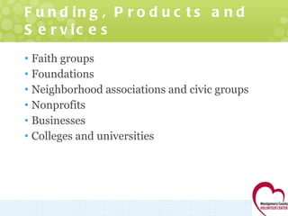 Funding, Products and Services Faith groups Foundations Neighborhood associations and civic groups Nonprofits Businesses Colleges and universities 