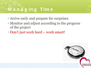 Managing Time Arrive early and prepare for surprises Monitor and adjust according to the progress of the project Don’t just work hard – work smart! 