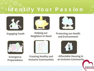 Identify Your Passion Affordable Housing in an Inclusive Community Engaging Youth Protecting our Health and Environment! Emergency Preparedness Helping our Neighbors In Need Creating Healthy and Inclusive Communities 
