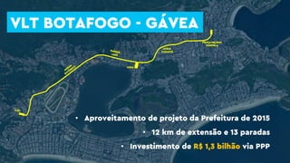 • Aproveitamento de projeto da Prefeitura de 2015
• 12 km de extensão e 13 paradas
• Investimento de R$ 1,3 bilhão via PPP
VLT BOTAFOGO - GÁVEA
 