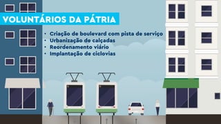 • Criação de boulevard com pista de serviço
• Urbanização de calçadas
• Reordenamento viário
• Implantação de ciclovias
VOLUNTÁRIOS DA PÁTRIA
 