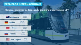 Berlim
Moscou
Los Angeles
Melbourne
Viena
500 km
de trilhos
418km
de trilhos
157 km
de trilhos
430 km
de trilhos
432 km
de trilhos
Melhores sistemas de transporte do mundo apostam no VLT
EXEMPLOS INTERNACIONAIS
 