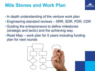 Mile Stones and Work Plan 
• In depth understanding of the venture work plan 
• Engineering standard reviews – SRR, SDR, PDR, CDR 
• Guiding the entrepreneurs to define milestones 
(strategic and tactic) and the achieving way. 
• Road Map – work plan for 5 years including funding 
plan for next rounds 
 