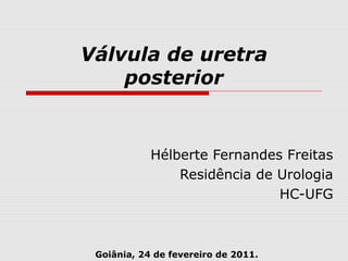Válvula de uretra
posterior
Hélberte Fernandes Freitas
Residência de Urologia
HC-UFG
Goiânia, 24 de fevereiro de 2011.
 