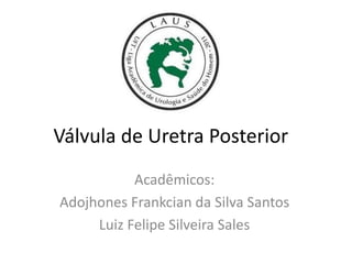 Válvula de Uretra Posterior
Acadêmicos:
Adojhones Frankcian da Silva Santos
Luiz Felipe Silveira Sales
 