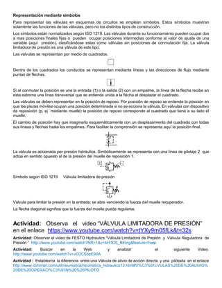 Representación mediante símbolos
Para representar las válvulas en esquemas de circuitos se emplean símbolos. Estos símbolos muestran
solamente las funciones de las válvulas, pero no los distintos tipos de construcción.
Los símbolos están normalizados según ISO 1219. Las válvulas durante su funcionamiento pueden ocupar dos
a mas posiciones finales fijas o pueden ocupar posiciones intermedias conforme al valor de ajuste de una
variable (aquí presión), clasificándose estas como válvulas sin posiciones de conmutación fija. La válvula
Iimitadora de presión es una válvula de este tipo.
Las válvulas se representan por medio de cuadrados.
Dentro de los cuadrados los conductos se representan mediante líneas y las direcciones de flujo mediante
puntas de flechas.
Si al conmutar la posición se une la entrada (1) o la salida (2) con un empalme, la línea de la flecha recibe en
este extremo una línea transversal que se entiende unida a la flecha al desplazar el cuadrado.
Las válvulas se deben representar en la posición de reposo. Por posición de reposo se entiende la posición en
que las piezas móviles ocupan una posición determinada si no se acciona la válvula. En válvulas con dispositivo
de reposición (p, ej mediante muelle) la posición de reposo corresponde al cuadrado que tiene a su lado el
muelle.
El cambio de posición hay que imaginarlo esquemáticamente con un desplazamiento del cuadrado con todas
sus líneas y flechas hasta los empalmes. Para facilitar la comprensión se representa aquí la posición final.
La válvula es accionada por presión hidráulica. Simbólicamente se representa con una línea de pilotaje 2 que
actúa en sentido opuesto al de la presión del muelle de reposición 1.
Símbolo según ISO 1219 Válvula Iimitadora de presión
Válvula para limitar la presión en la entrada; se abre venciendo la fuerza del muelle recuperador.
La flecha diagonal significa que la fuerza del muelle puede regularse.
Actividad: Observa el video “VÁLVULA LIMITADORA DE PRESIÓN”
en el enlace https://www.youtube.com/watch?v=tYXy9m05fLk&t=32s
Actividad: Observar el video de FESTO Hydraulics “Válvula Limitadora de Presión y Válvula Reguladora de
Presión ” http://www.youtube.com/watch?NR=1&v=bH1DS_BElng&feature=fvwp
Actividad: Buscar en la Web y analizar el siguiente Video.
http://www.youtube.com/watch?v=vO2CSbpE90A
Actividad : Establezca la diferencia entre una Válvula de alivio de acción directa y una pilotada en el enlace
http://www.cohimar.com/util/neumatica/neumatica_hidraulica12.html#V%C3%81LVULAS%20DE%20ALIVIO%
20DE%20OPERACI%C3%93N%20%20PILOTO
 