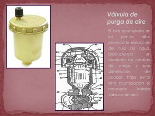 Válvula de
purga de aire
El aire acumulado en
los     puntos  altos
provoca la reducción
del flujo de agua,
produciendo       un
aumento de pérdida
de carga y una
disminución         del
caudal. Para evitar
esta acumulación es
necesario       instalar
válvulas de aire.
 