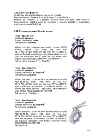279
7.10. Classes de pressão.
As válvulas são classificadas por classes de pressão.
Pressão Nominal: Designação simbólica para fins de referência.
Pressão de Trabalho: É a pressão máxima admissível para cada valor da
temperatura de trabalho onde se considera o binômio pressão x temperatura
conforme norma ANSI B16.34.
7.11. Exemplos de especificação técnica.
Fluido: água potável
Instalação: aparente
Pressão de serviço: baixa
Temperatura: ambiente
Válvula borboleta, corpo em ferro fundido cinzento ASTM
A126/B, classe 125#, disco em aço inox
ASTM A351/CF8M, haste em aço inox ASTM A182/F6,
sede em Buna-N, acionamento por meio de alavanca com
placa de travamento em 10 posições, tipo wafer, para
instalação entre flanges ASME/ANSI B16.5#150#FR.
Ref. Keystone Pioneira (F-1) / Ciwal fig. 1
Fluido: água industrial
Instalação: aparente
Pressão de serviço: 10,0 kgf/cm2
Temperatura: ambiente
Válvula borboleta, corpo em ferro fundido nodular ASTM
A536-65-45-12, classe 150#, disco em aço inox
ASTM A351/CF8M, haste em aço inox ASTM A182/F6,
sede em Buna-N, acionamento por meio de volante com
redutor tipo rosca sem fim , tipo wafer, para instalação
entre flanges ASME/ANSI B16.5-150# FR.
Ref. Keystone / Ciwal fig. 1
Fluido: água industrial
Instalação: aparente
Pressão de serviço: 10,0 kgf/cm2
Temperatura: ambiente
Válvula borboleta, corpo em ferro fundido nodular ASTM
A536-65-45-12, classe 150#, disco em aço inox
ASTM A351/CF8M, haste em aço inox ASTM A182/F6,
sede em neoprene, acionamento por meio de alavanca,
tipo lug, para instalação entre flanges conforme norma
ASME/ANSI B16.5-150# FR.
Ref. Keystone
 