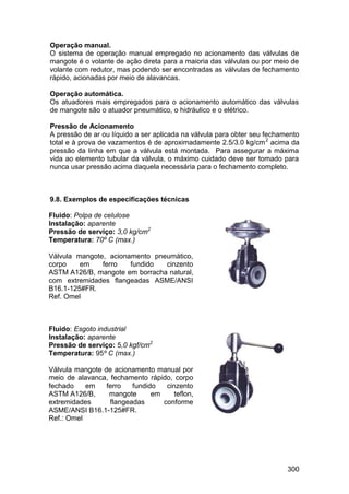 300
Operação manual.
O sistema de operação manual empregado no acionamento das válvulas de
mangote é o volante de ação direta para a maioria das válvulas ou por meio de
volante com redutor, mas podendo ser encontradas as válvulas de fechamento
rápido, acionadas por meio de alavancas.
Operação automática.
Os atuadores mais empregados para o acionamento automático das válvulas
de mangote são o atuador pneumático, o hidráulico e o elétrico.
Pressão de Acionamento
A pressão de ar ou líquido a ser aplicada na válvula para obter seu fechamento
total e à prova de vazamentos é de aproximadamente 2.5/3.0 kg/cm2
acima da
pressão da linha em que a válvula está montada. Para assegurar a máxima
vida ao elemento tubular da válvula, o máximo cuidado deve ser tomado para
nunca usar pressão acima daquela necessária para o fechamento completo.
9.8. Exemplos de especificações técnicas
Fluido: Polpa de celulose
Instalação: aparente
Pressão de serviço: 3,0 kg/cm2
Temperatura: 70º C (max.)
Válvula mangote, acionamento pneumático,
corpo em ferro fundido cinzento
ASTM A126/B, mangote em borracha natural,
com extremidades flangeadas ASME/ANSI
B16.1-125#FR.
Ref. Omel
Fluido: Esgoto industrial
Instalação: aparente
Pressão de serviço: 5,0 kgf/cm2
Temperatura: 95º C (max.)
Válvula mangote de acionamento manual por
meio de alavanca, fechamento rápido, corpo
fechado em ferro fundido cinzento
ASTM A126/B, mangote em teflon,
extremidades flangeadas conforme
ASME/ANSI B16.1-125#FR.
Ref.: Omel
 